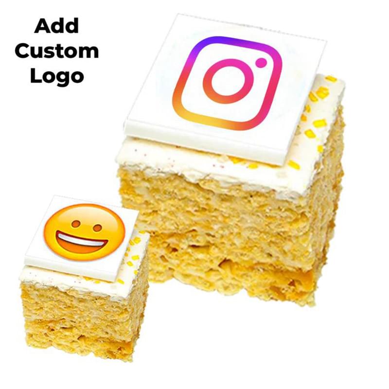 12 handmade crispy rice treats with custom fondant logos and choice of flavors